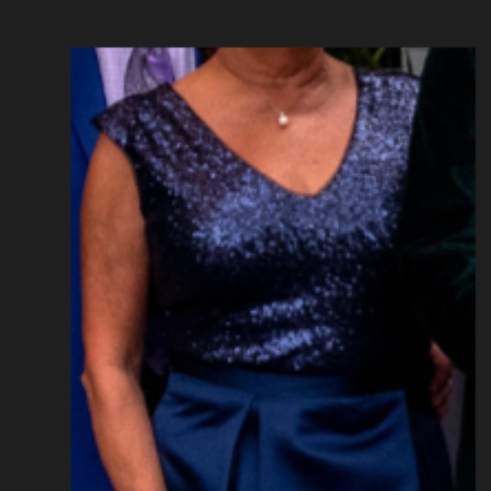 Unique two piece deep royal blue sequin dress with satin overskirt